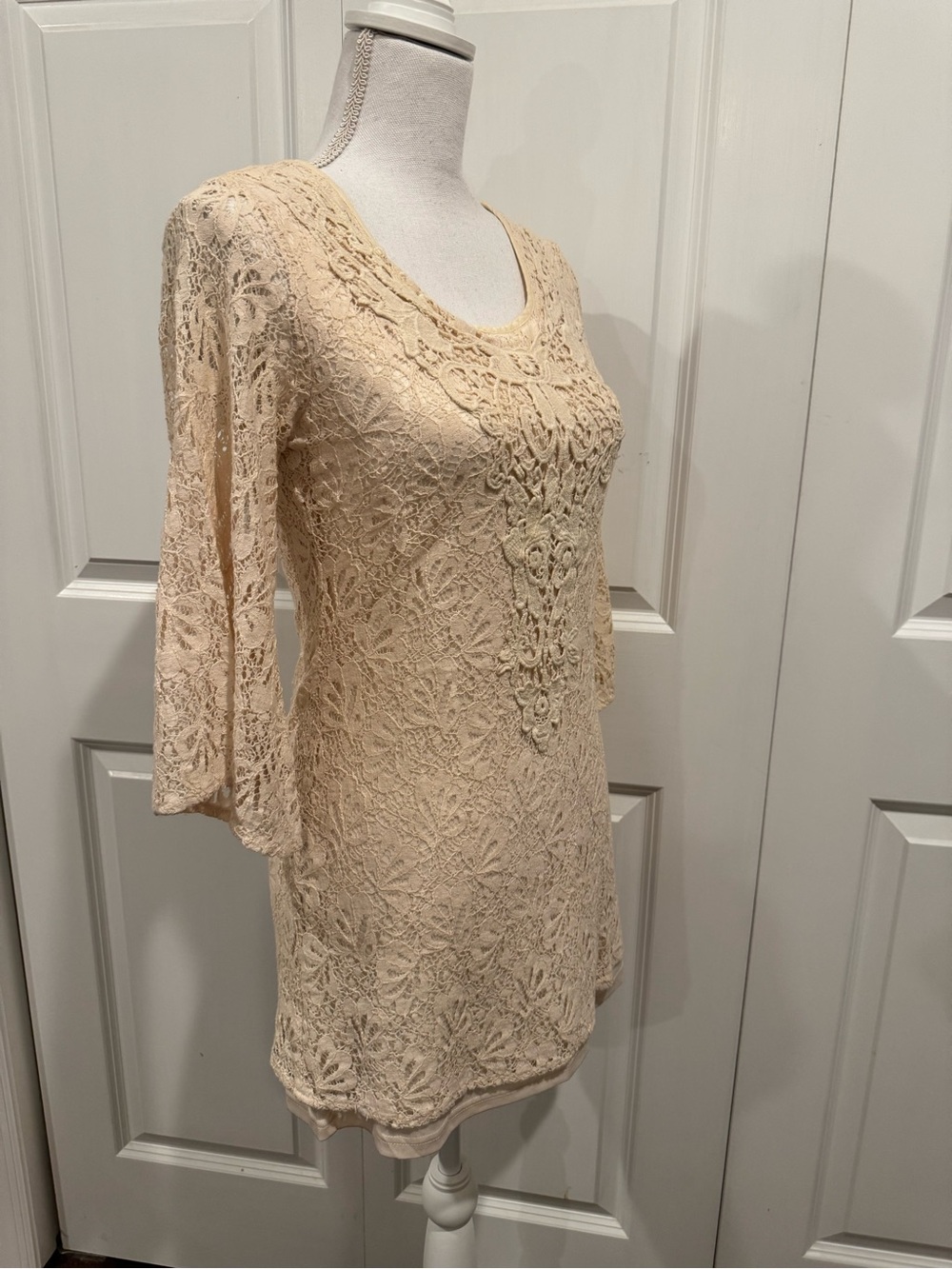 Flying Tomato Cream Lace Bell Sleeve Mini Dress Tunic Boho Cottagecore Size M - Picture 11 of 15